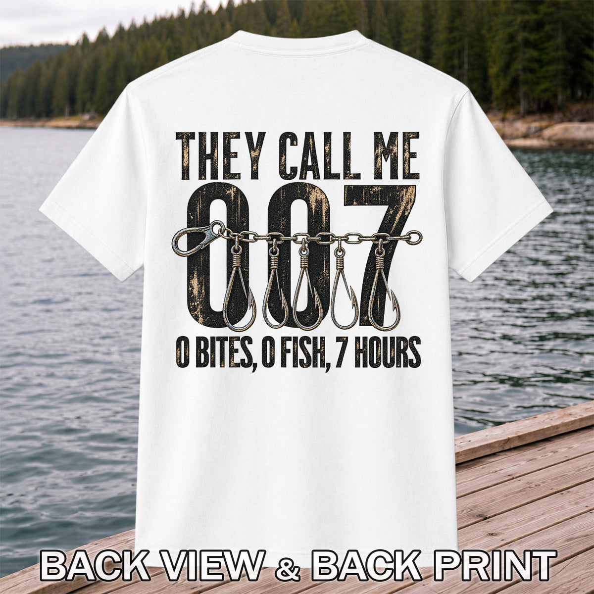 Zero Bites Fishing Hook Funny Graphic T-Shirt | Back Print