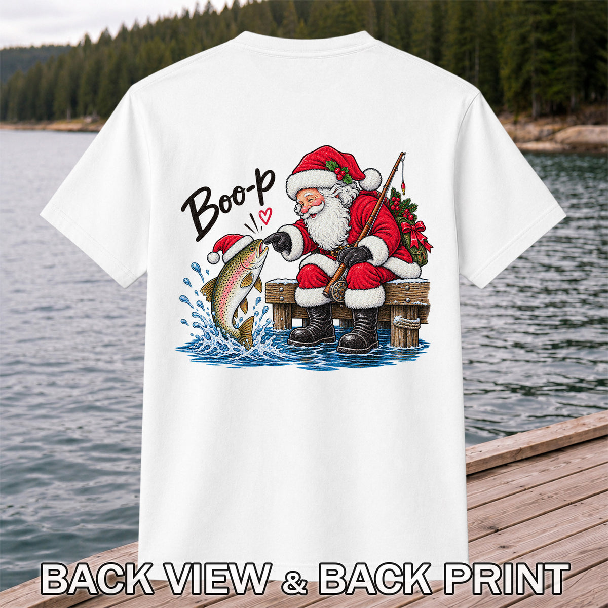 Santa Fishing for Rainbow Trout Christmas Graphic T-Shirt | Back Print