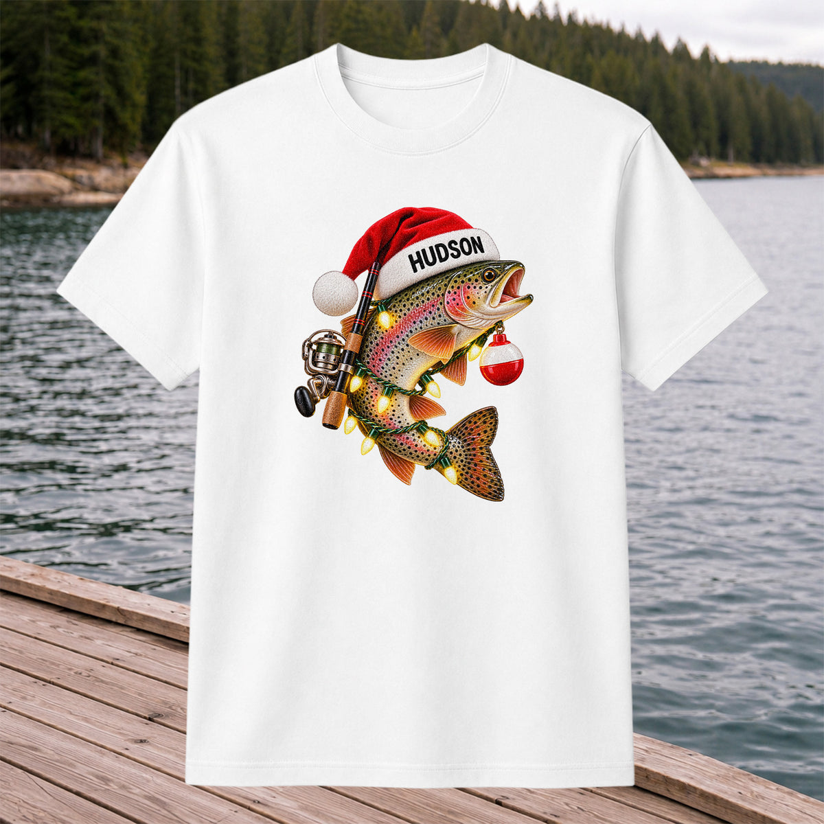 Hudson Santa Hat Rainbow Trout Christmas Fishing T-Shirt