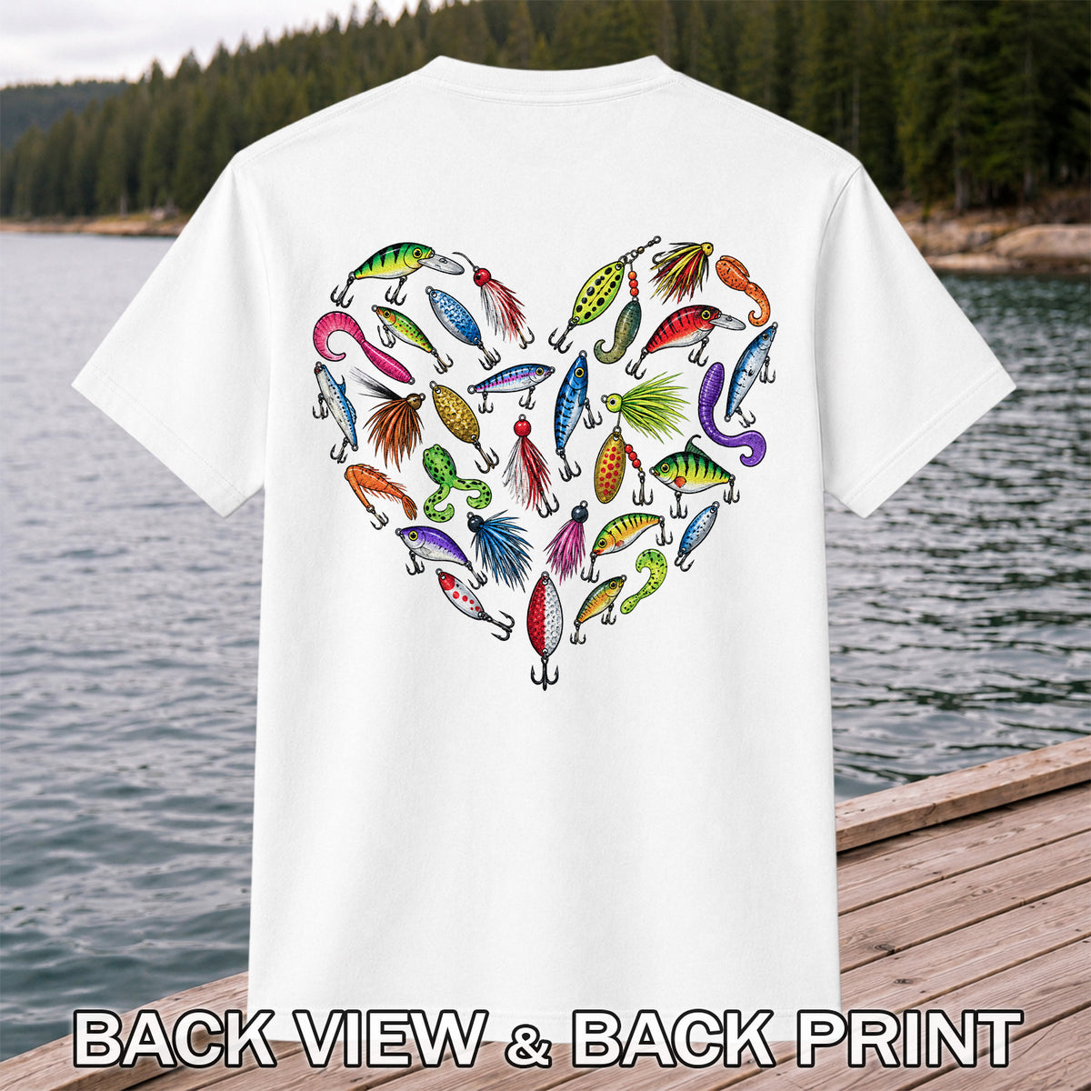Colorful Fishing Lures in a Heart Shape Graphic T-Shirt | Back Print