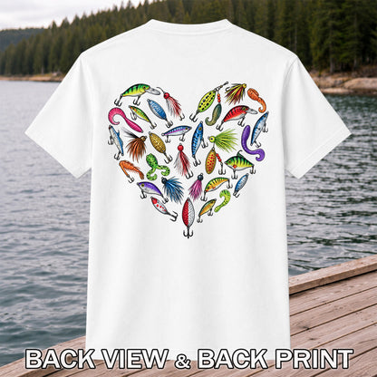 Colorful Fishing Lures in a Heart Shape Graphic T-Shirt | Back Print