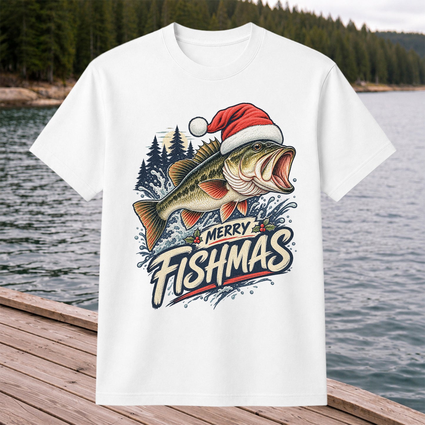 Merry Fishmas Santa Hat Largemouth Bass Fishing T-Shirt