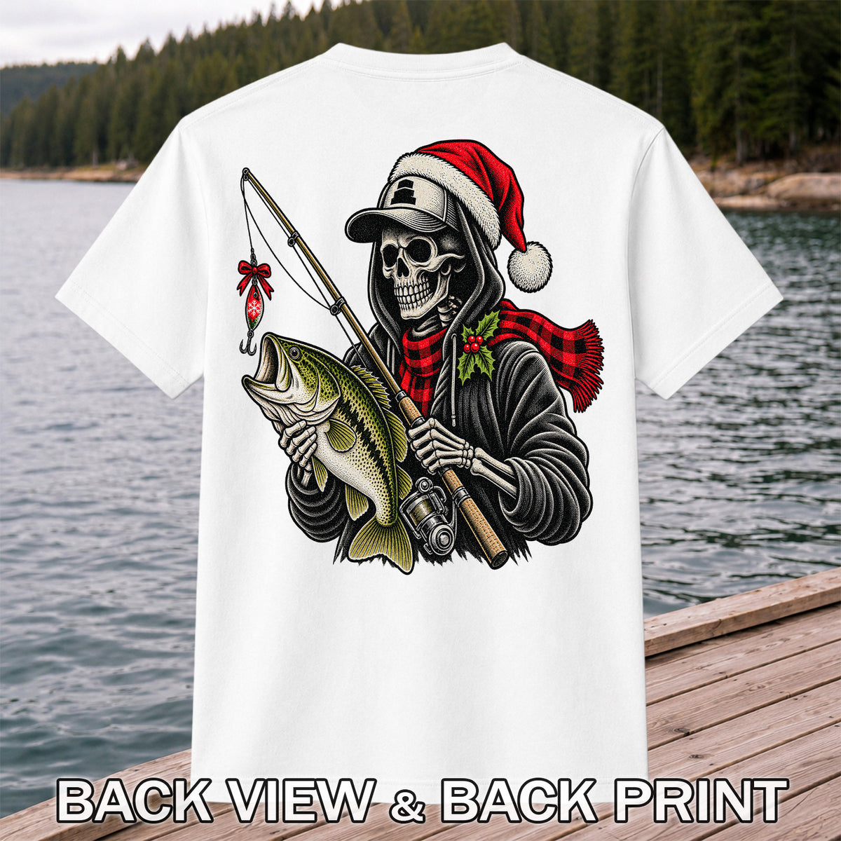 Christmas Skeleton Angler with Santa Hat and Bass Fishing T-Shirt | Back Print