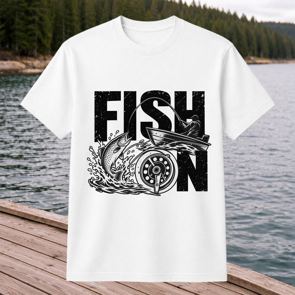 Fish On Jumping Trout and Fishing Boat Graphic T-Shirt