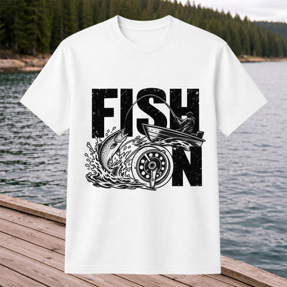 Fish On Jumping Trout and Fishing Boat Graphic T-Shirt