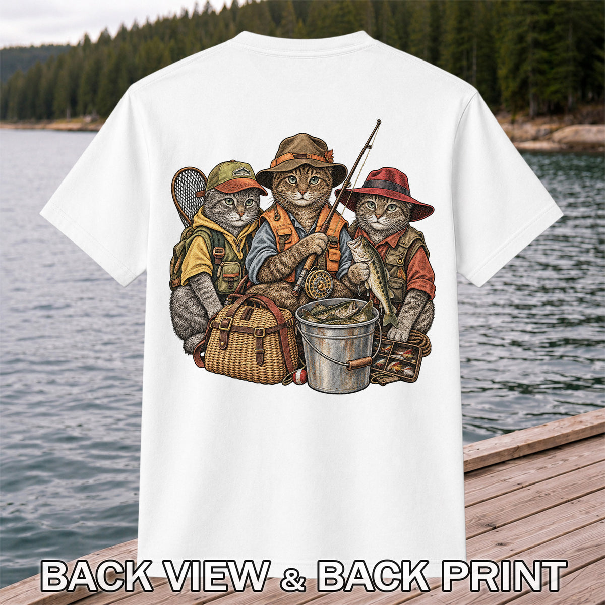 Three Fishing Cats with Rod and Catch Vintage Graphic T-Shirt | Back Print