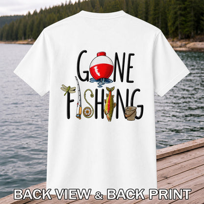 Gone Fishing Trout, Bobber and Fly Rod Graphic T-Shirt | Back Print