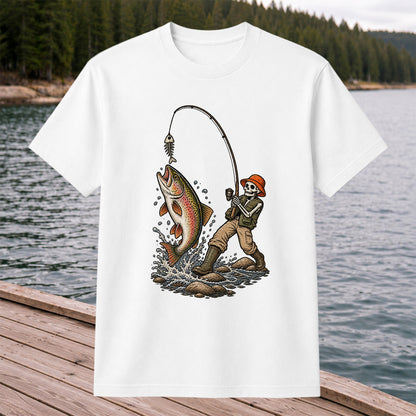 Skeleton Angler Catching Trout Dark Humor Fishing T-Shirt