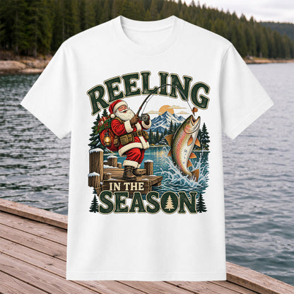Reeling in the Season Santa Fishing for Rainbow Trout Christmas T-Shirt