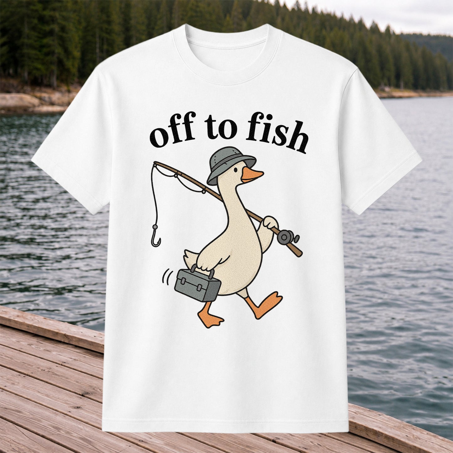 Off to Fish Funny Fishing Goose Graphic T-Shirt