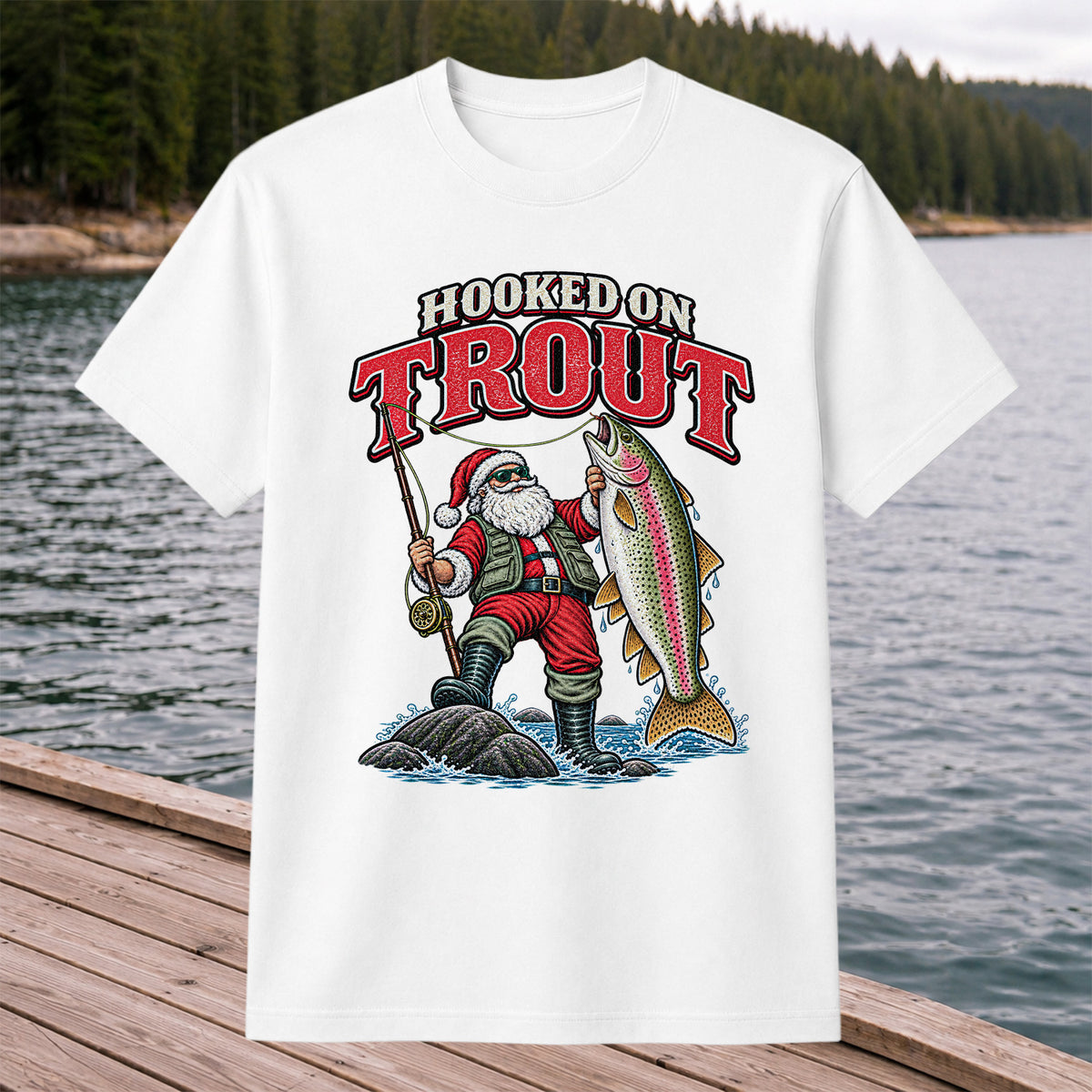 Hooked on Trout Santa Claus Rainbow Trout Christmas Fishing T-Shirt