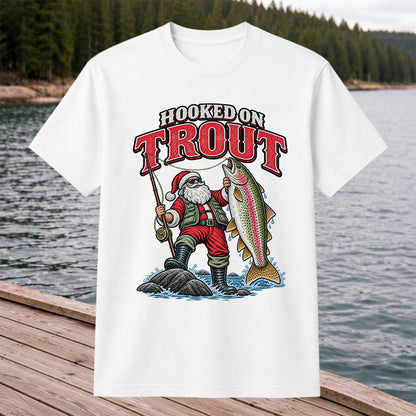 Hooked on Trout Santa Claus Rainbow Trout Christmas Fishing T-Shirt