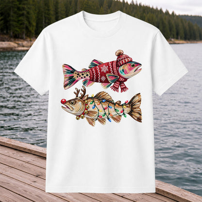Festive Christmas Fish with Lights Fishing Graphic T-Shirt