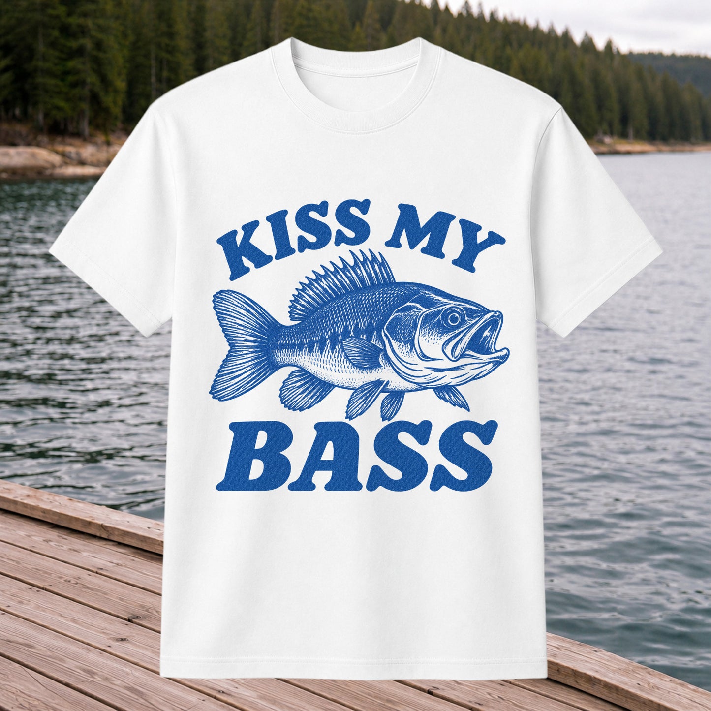 Kiss My Bass Blue Bass Funny Fishing Graphic T-Shirt