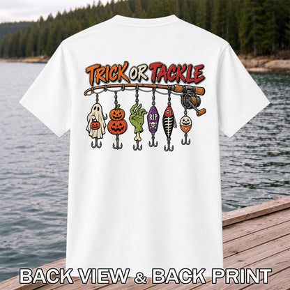 Trick or Tackle Halloween Ghost and Pumpkin Fishing Lures T-Shirt | Back Print