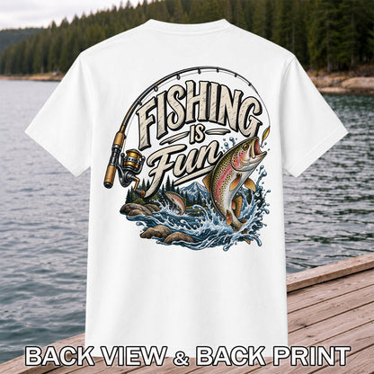 Fishing Is Fun Rainbow Trout and Mountain Graphic T-Shirt | Back Print