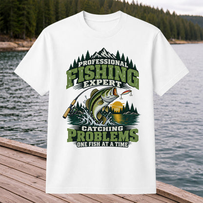Professional Fishing Expert Catching Problems One Fish at a Time Bass T-Shirt