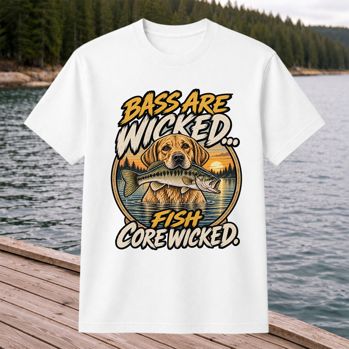 Bass Are Wicked Fish Core Wicked Dog Holding Bass Fishing T-Shirt