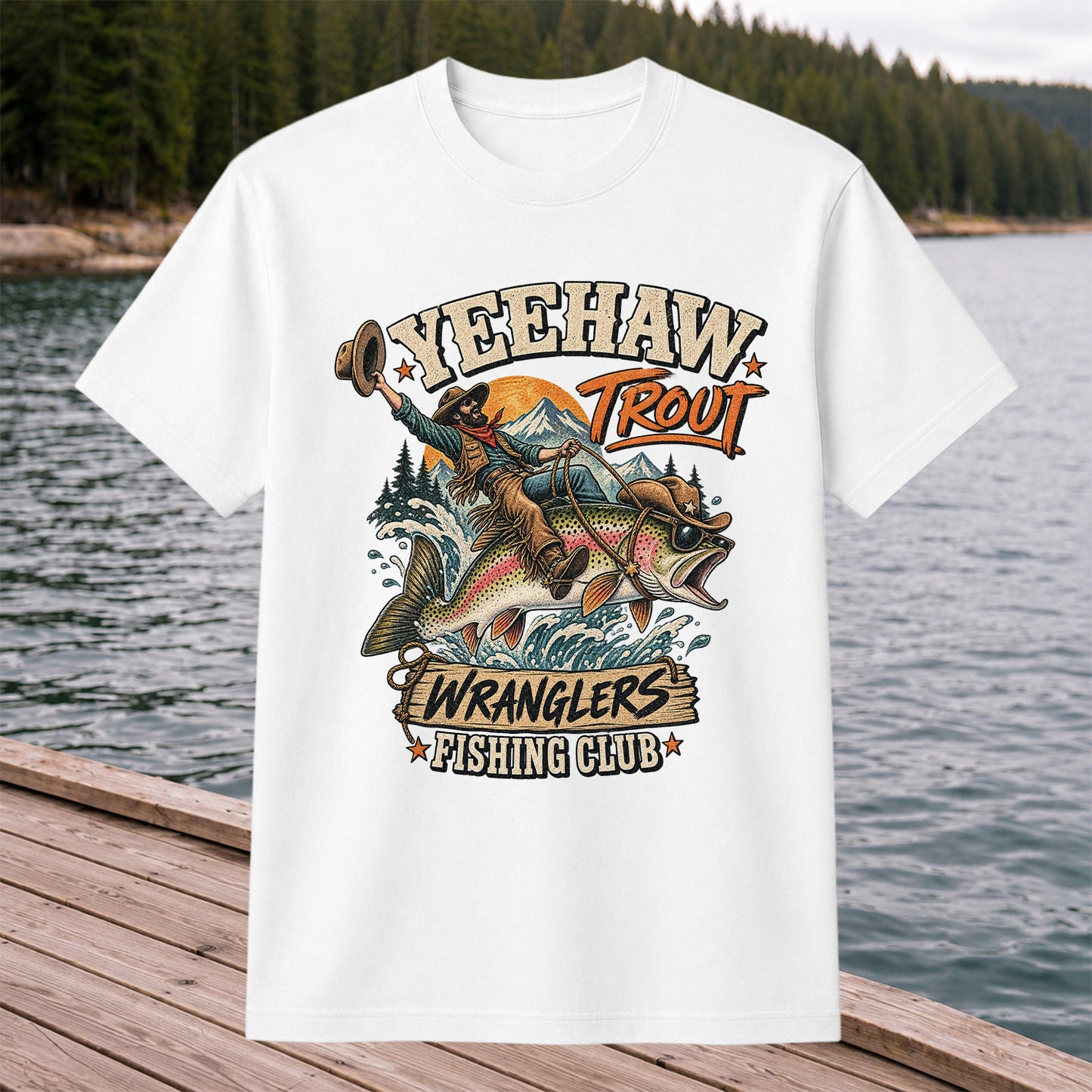 Yeehaw Trout Wranglers Fishing Club Cowboy Graphic T-Shirt