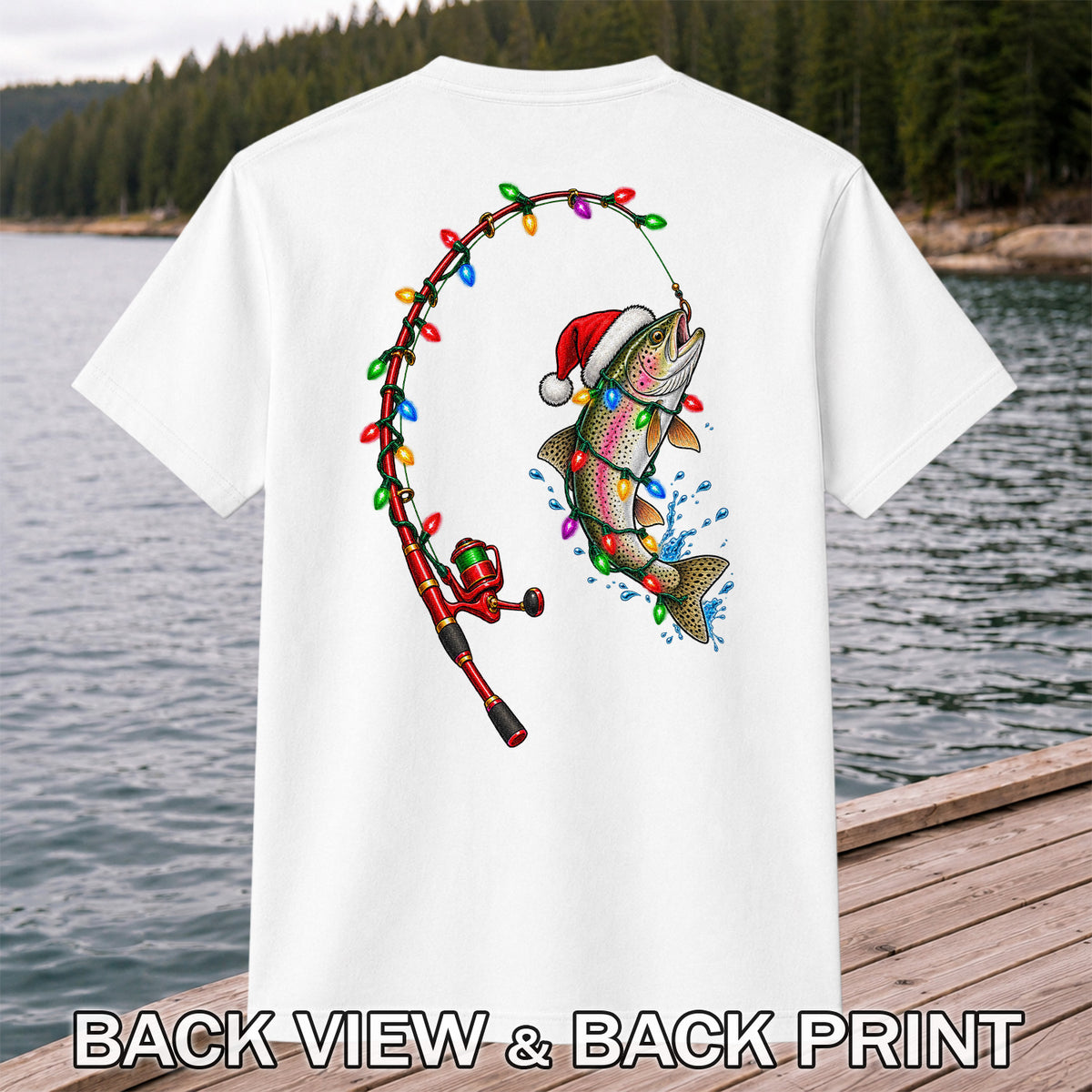 Christmas Rainbow Trout with Santa Hat and Lights Fishing T-Shirt | Back Print