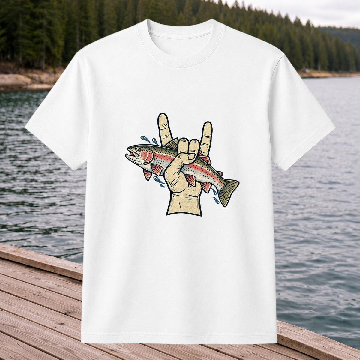 Rainbow Trout Rock On Hand Gesture Fishing Graphic T-Shirt
