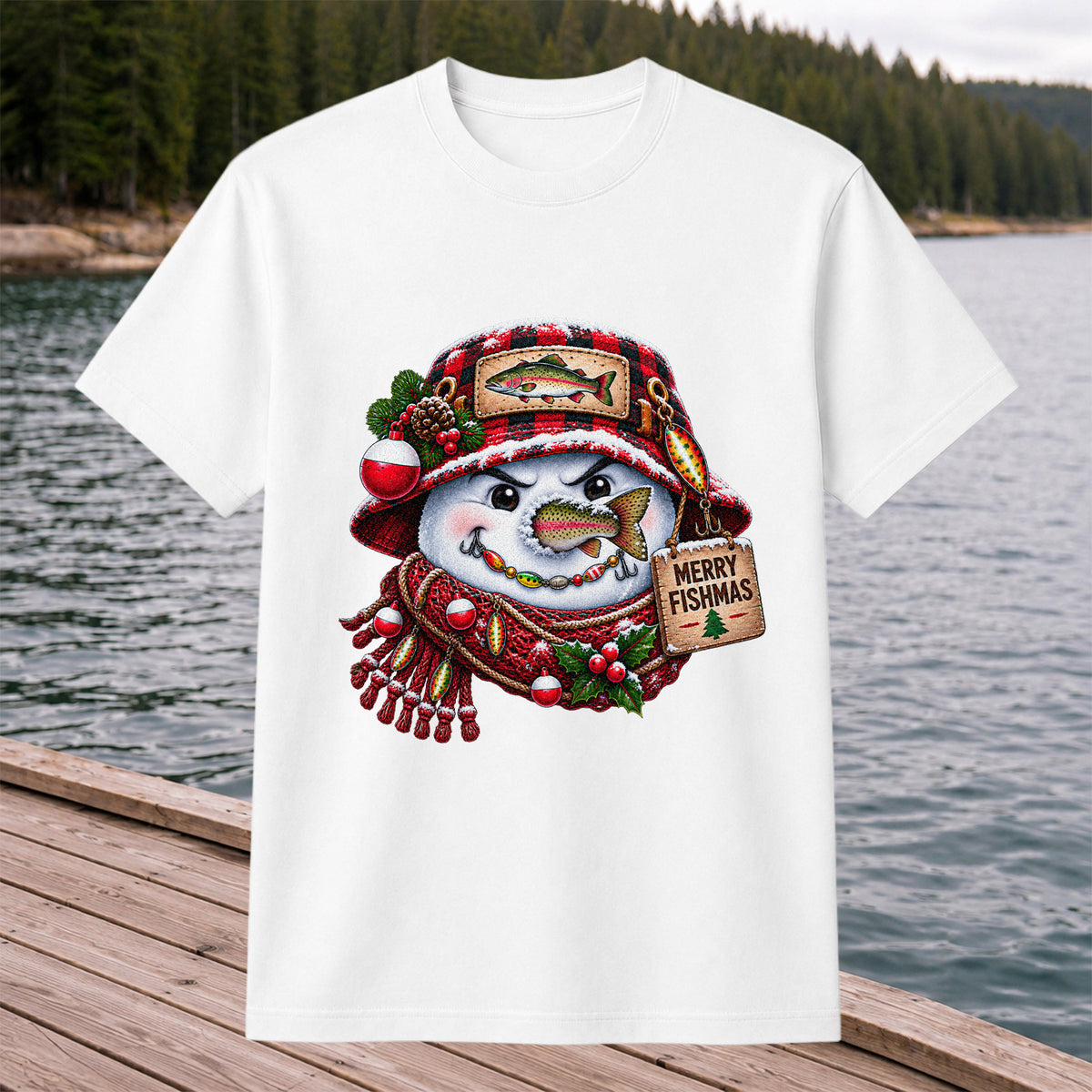 Merry Fishmas Snowman with Rainbow Trout Christmas Fishing T-Shirt