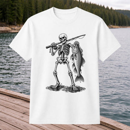 Skeleton Angler Holding a Trout Fishing Graphic T-Shirt