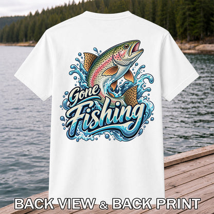 Gone Fishing Jumping Rainbow Trout Splash Graphic T-Shirt | Back Print