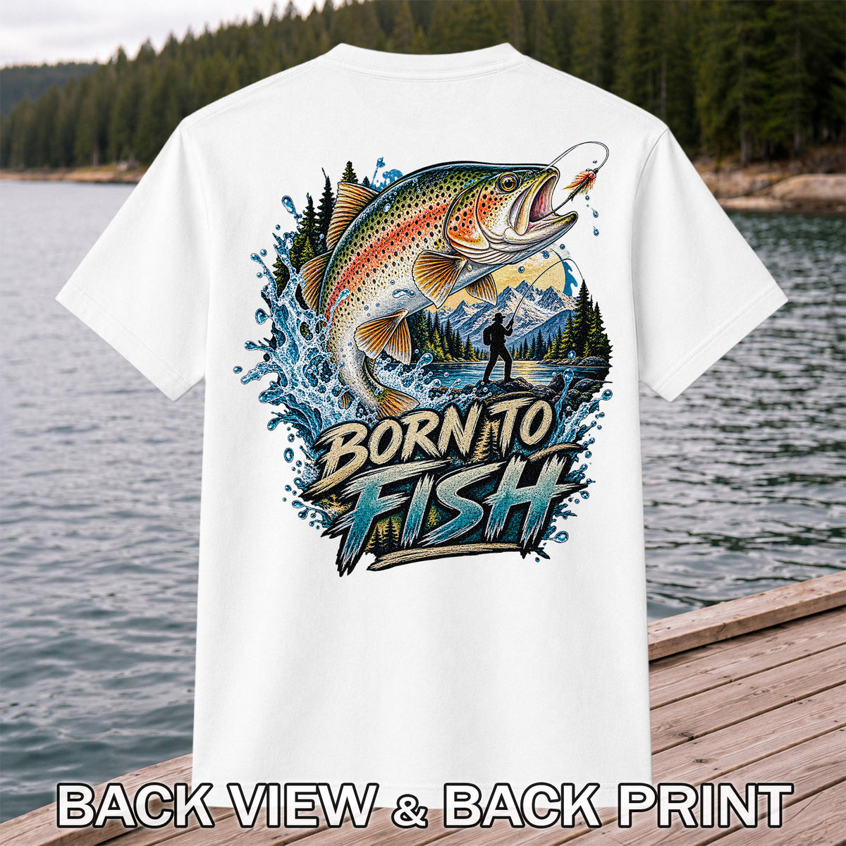 Born to Fish Rainbow Trout Fly Fishing Graphic T-Shirt | Back Print