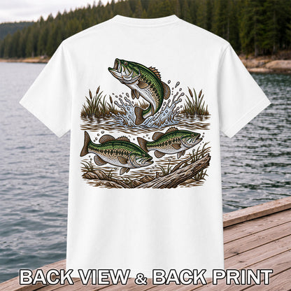 Largemouth Bass Jumping River Fishing Graphic T-Shirt | Back Print