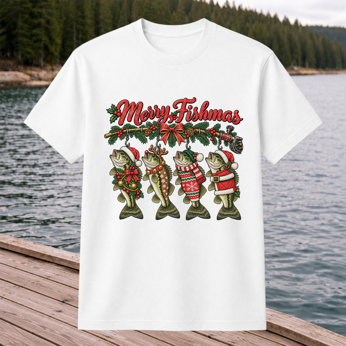 Merry Fishmas Christmas Bass Fishing Graphic T-Shirt