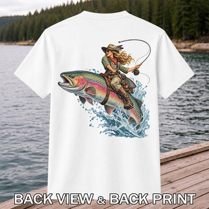 Cowgirl Riding a Rainbow Trout Fly Fishing Graphic T-Shirt | Back Print