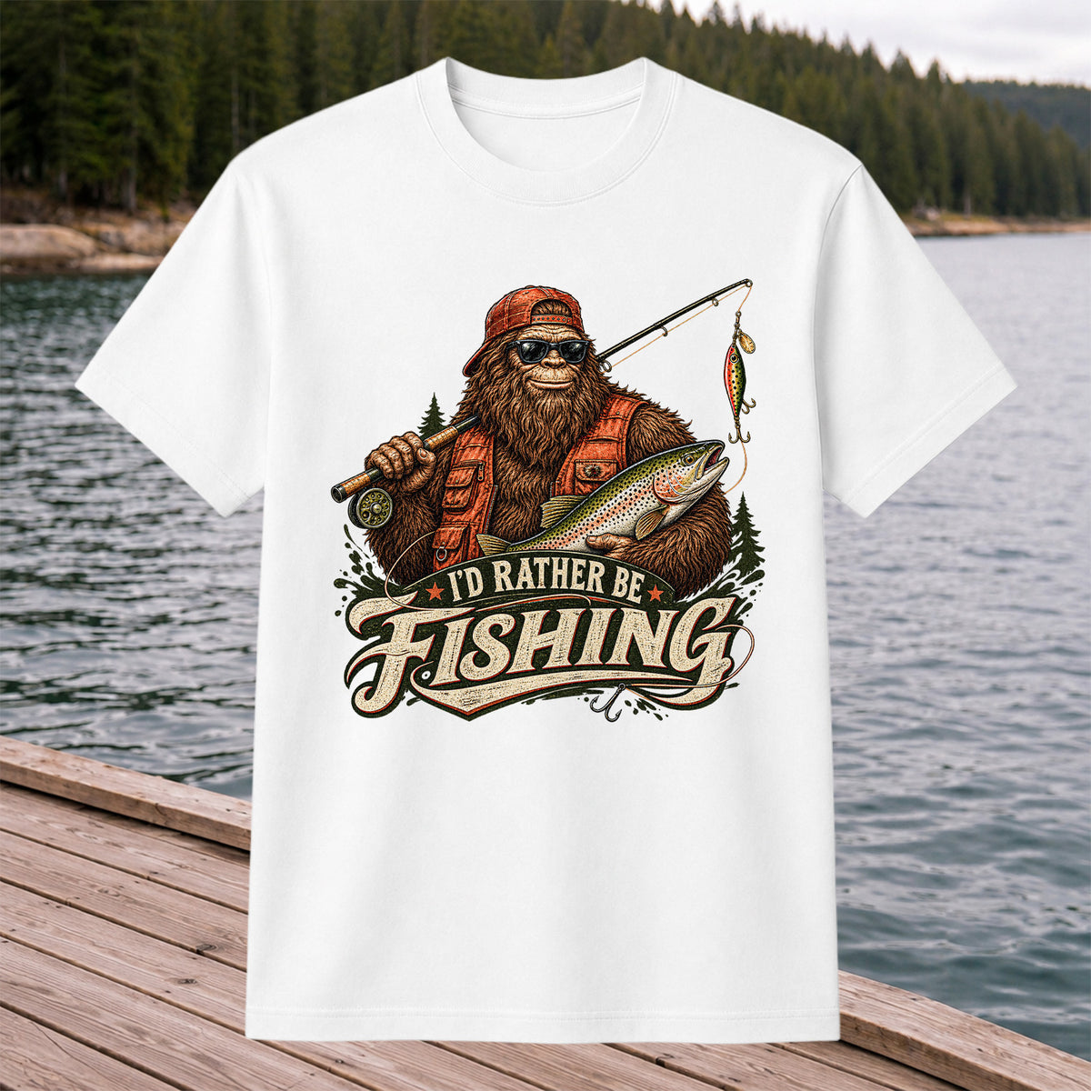 Bigfoot Holding Trout Funny Fishing Graphic T-Shirt