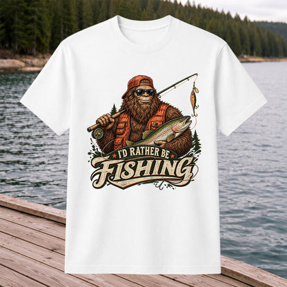 Bigfoot Holding Trout Funny Fishing Graphic T-Shirt