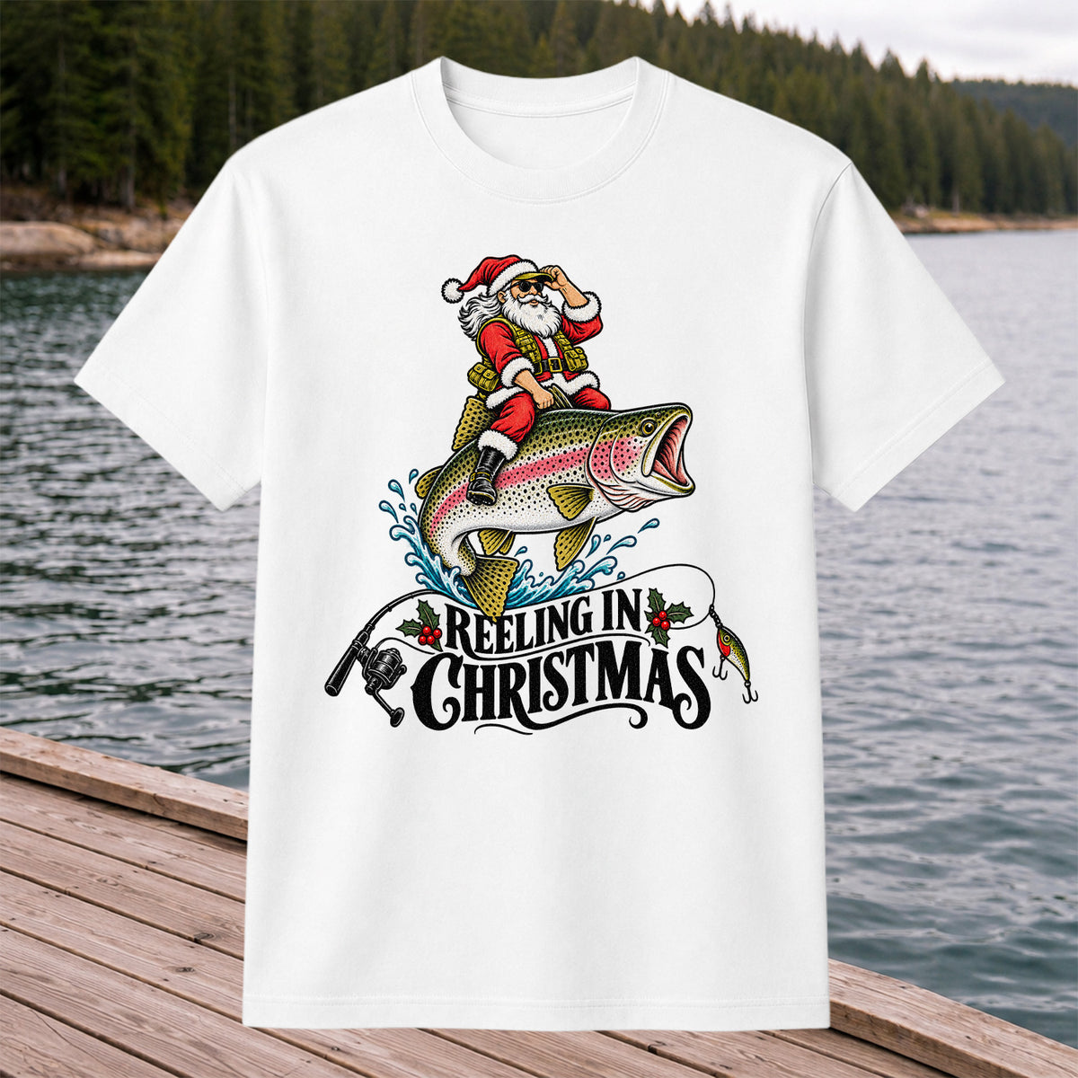 Reeling in Christmas Santa Rainbow Trout Fishing T-Shirt
