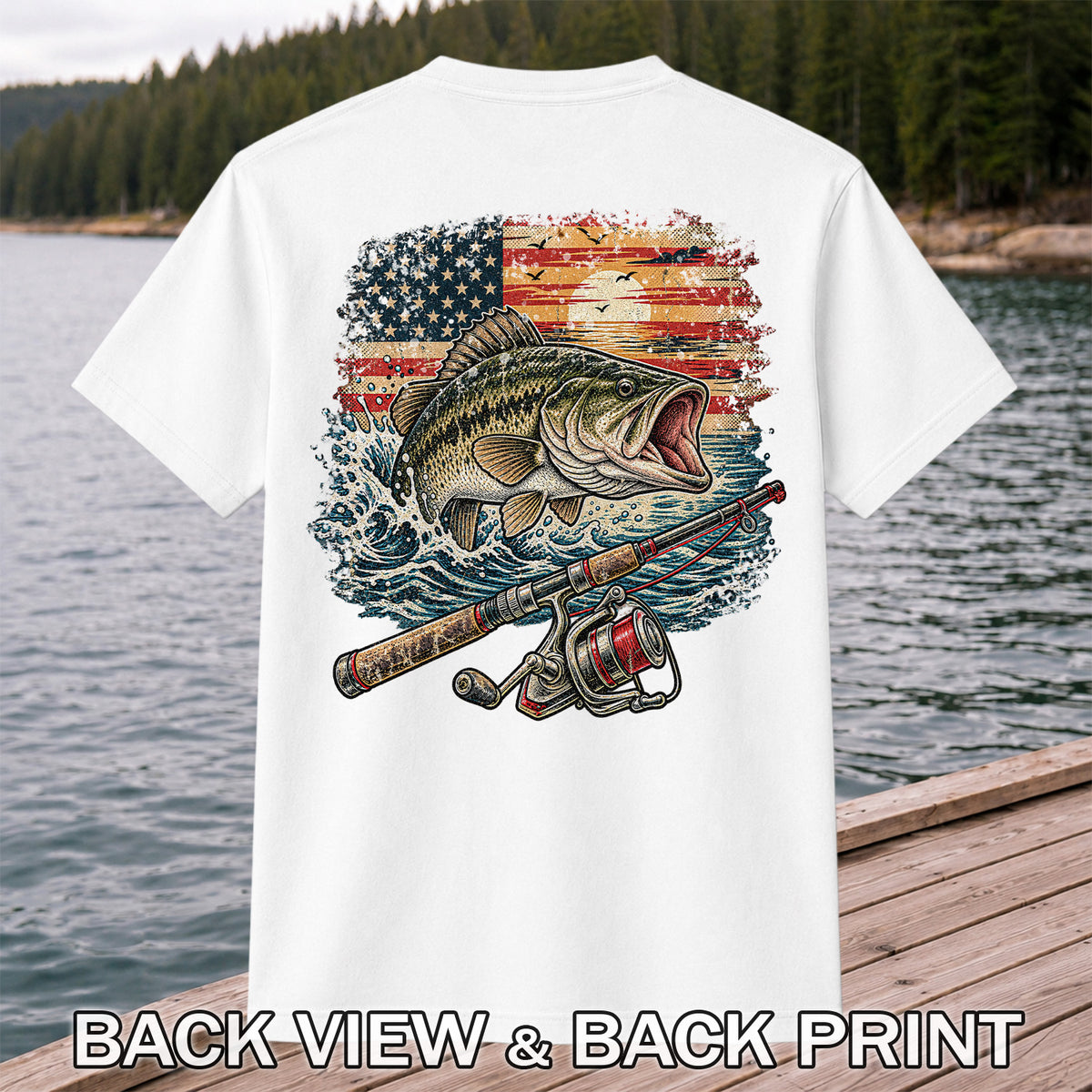 American Flag Largemouth Bass Fishing Graphic T-Shirt | Back Print