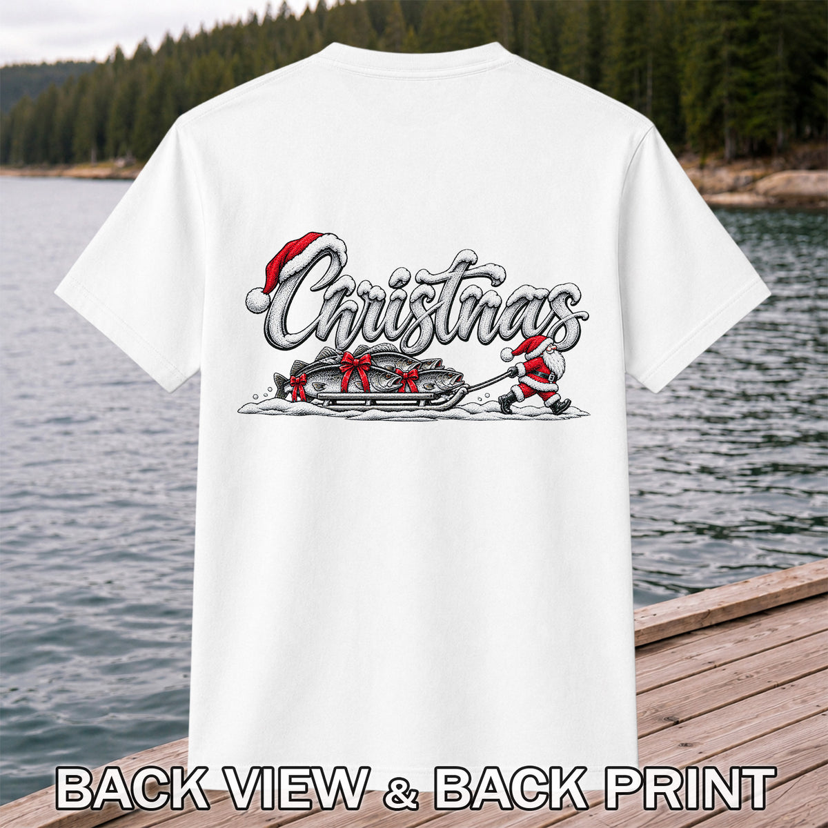 Christmas Santa Pulling Trout Fishing Sled Graphic T-Shirt | Back Print