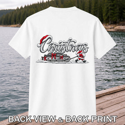 Christmas Santa Pulling Trout Fishing Sled Graphic T-Shirt | Back Print
