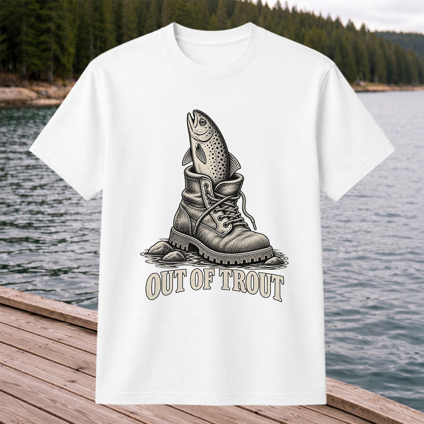 Out of Trout Funny Trout in a Hiking Boot Fishing T-Shirt