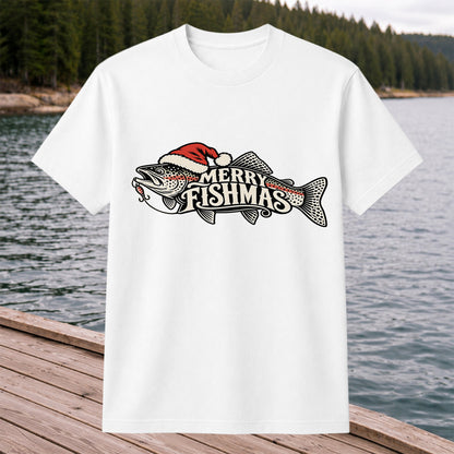 Merry Fishmas Rainbow Trout with Red Santa Hat and Lure Fishing T-Shirt