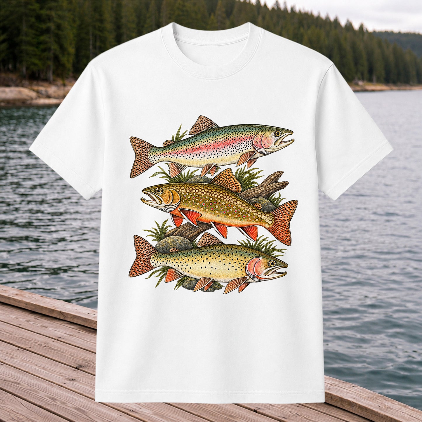 Vintage Rainbow Brook and Brown Trout Fishing Graphic T-Shirt