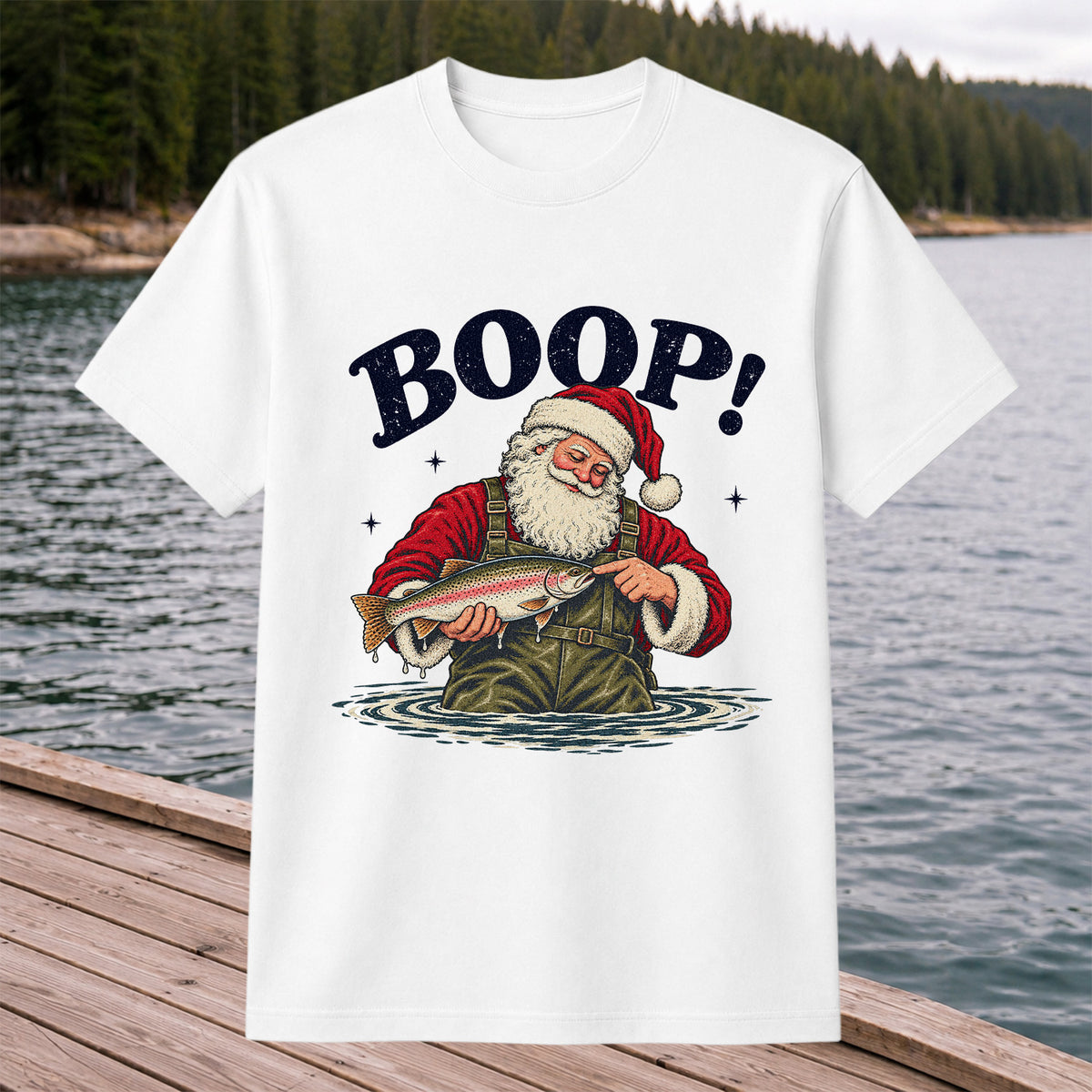 Boop Santa Holding Trout Funny Christmas Fishing T-Shirt