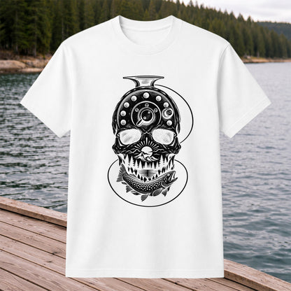 Trout and Fly Fishing Reel Skull Mountain Graphic T-Shirt