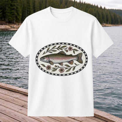 Vintage Floral Rainbow Trout Fishing Graphic T-Shirt