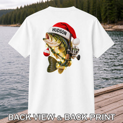 Hudson Santa Hat Bass Christmas Fishing Graphic T-Shirt | Back Print