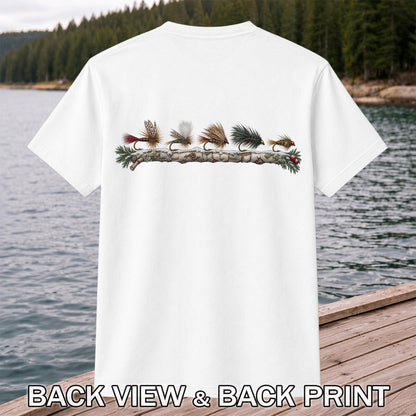 Christmas Fly Fishing Flies on Evergreen Branch Graphic T-Shirt | Back Print
