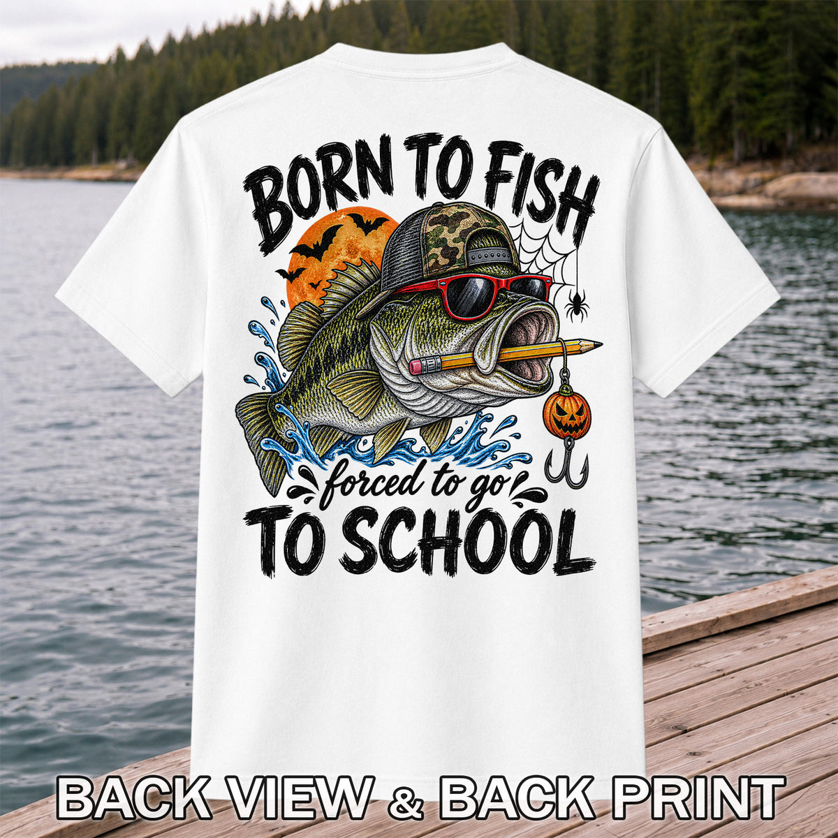 Born to Fish Forced to Go to School Halloween Bass Fishing T-Shirt | Back Print