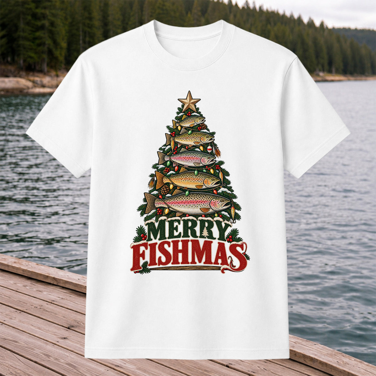 Merry Fishmas Trout Christmas Tree Fishing T-Shirt