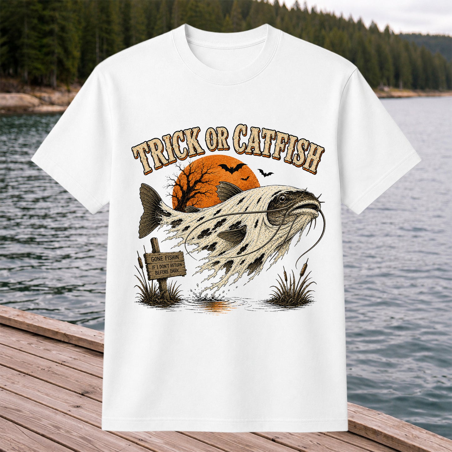 Trick or Catfish Halloween Fishing T-Shirt, Vintage Trout Angler Tee
