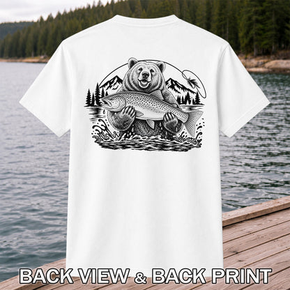 Bear Holding Trout in Mountain Lake Fishing Graphic T-Shirt | Back Print